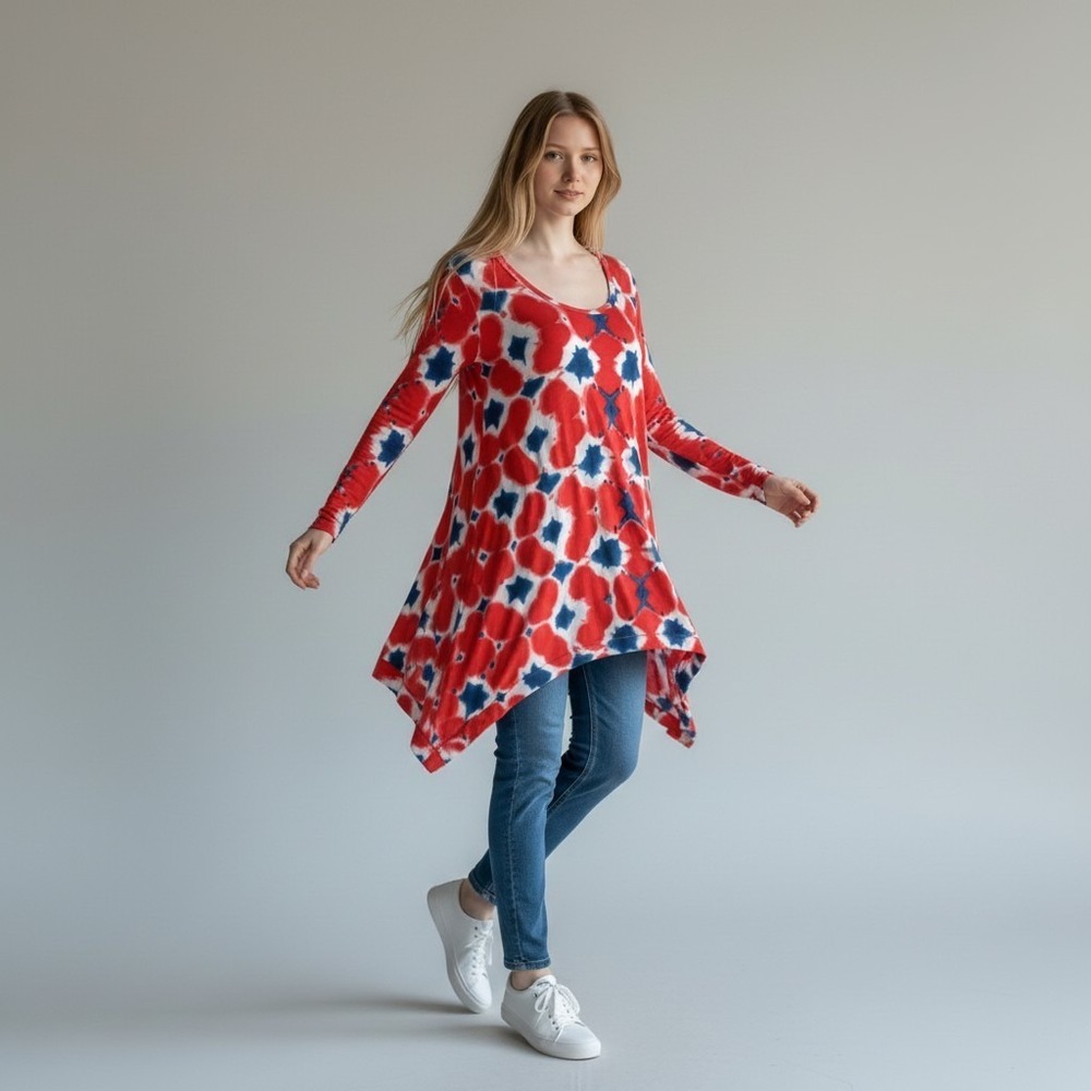 Grace‎ Elements Red White Blue Tie Dye Ruched Sleeve Sharkbite Tunic Top Large